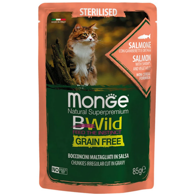 Υγρή Τροφή Γάτας Monge Bwild Sterilised Σολομός με Γαρίδες & Λαχανικά 85gr